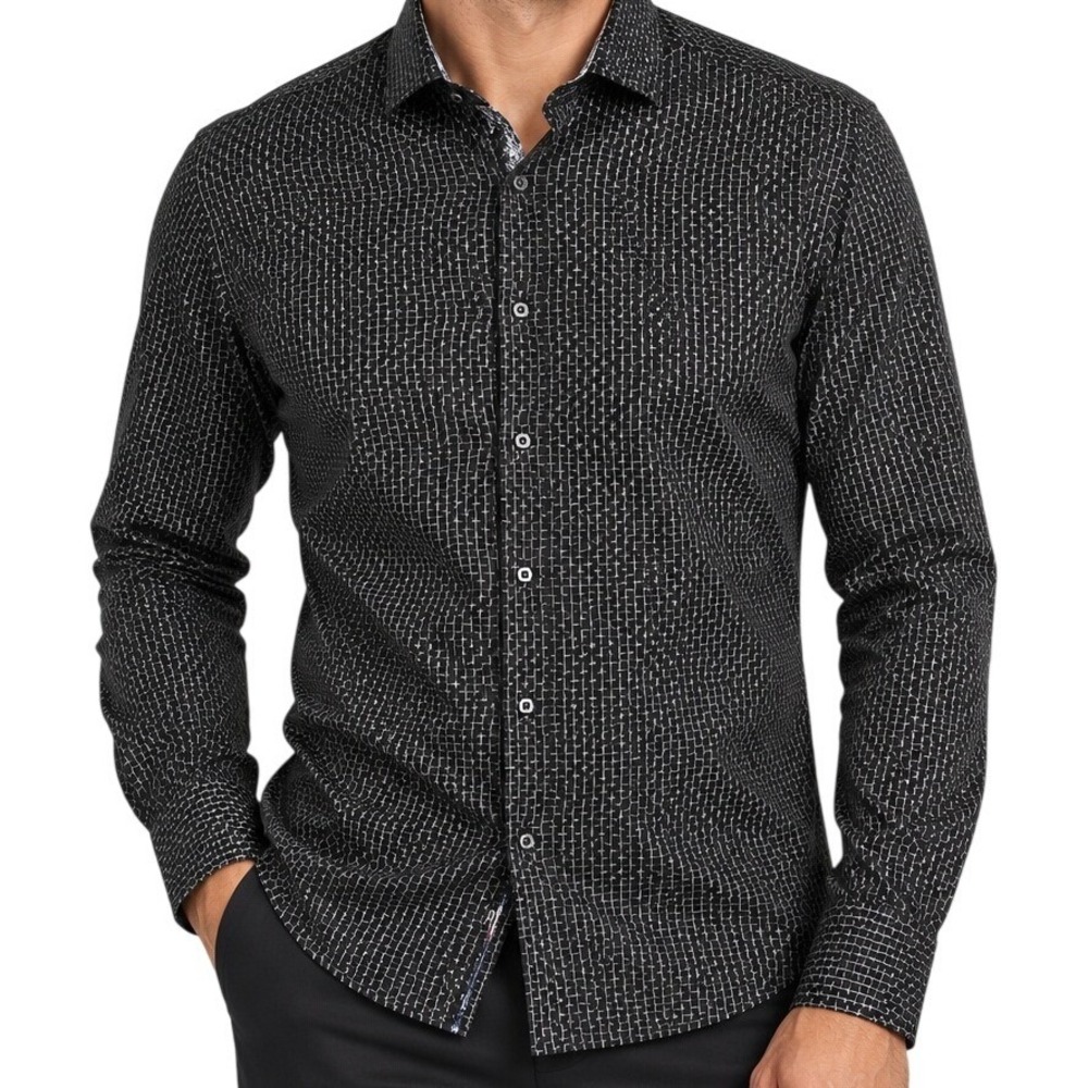 Elie Balleh Black Geometric‎ Modern Fit Dress Shirt  Men's Large